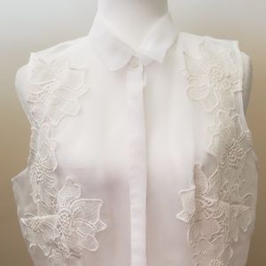 Crisp White Sheer Blouse w/Lace Floral Appliques